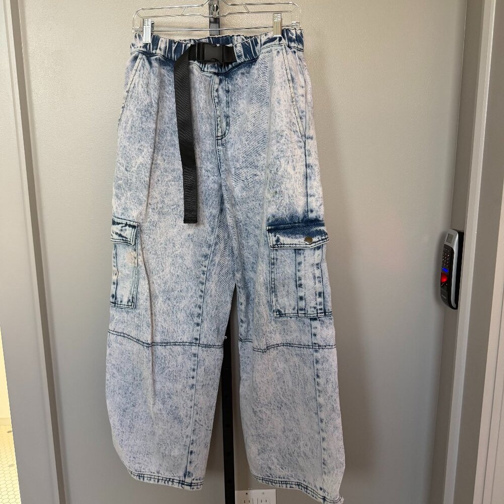 Brass Plum Denim Cargo Pants with Snap Belt